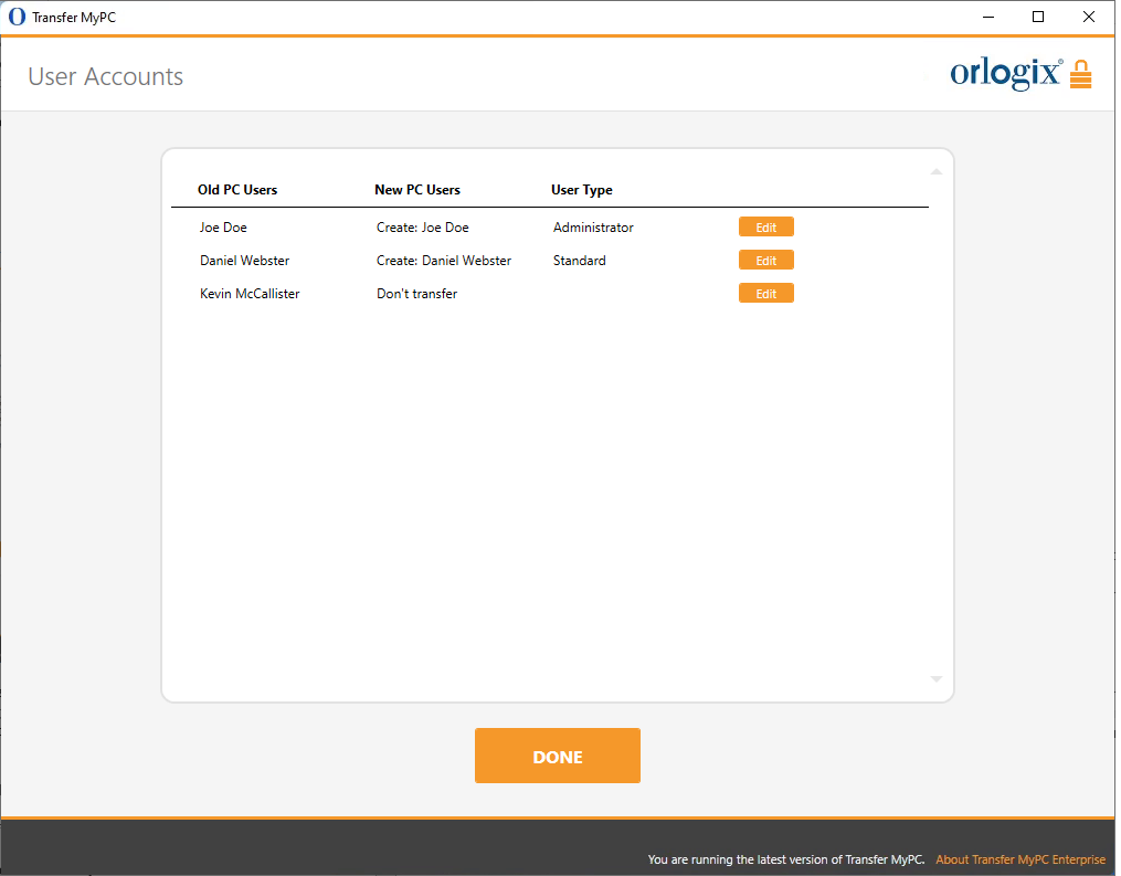 screen-capture of 'User Accounts' screen in Transfer MyPC Enterprise application