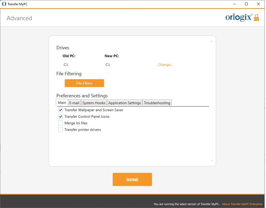 screen-capture of 'Advanced' screen in Transfer MyPC Enterprise application
