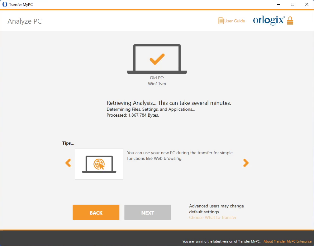 screen-capture of 'Analyze PC' screen in Transfer MyPC Enterprise application