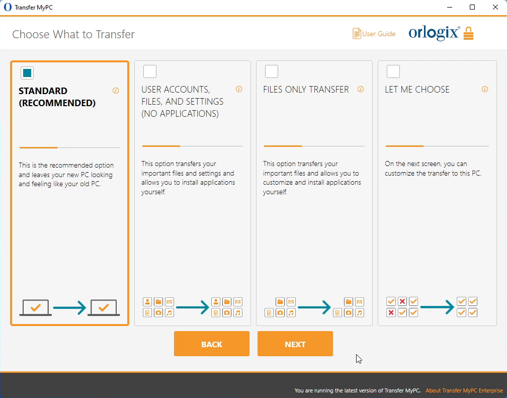 screen-capture of 'Choose What to Transfer' screen in Transfer MyPC Pro application