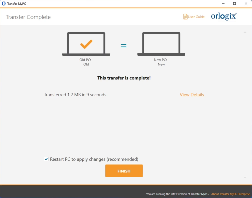 screen-capture of 'Transfer complete' screen in Transfer MyPC Enterprise application