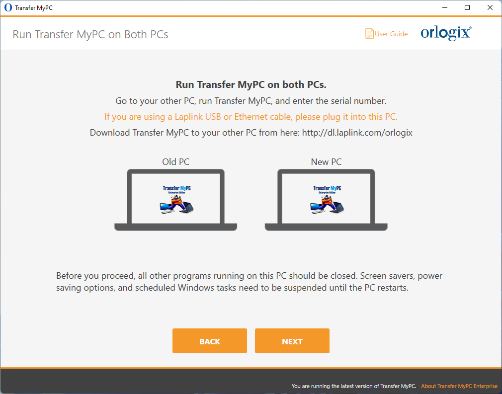 screen-capture of 'Run Transfer MyPC on Both PCs' screen in Transfer MyPC Enterprise application