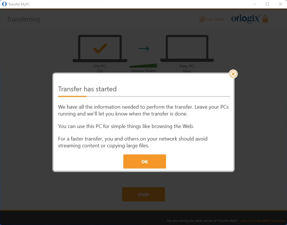 screen-capture of 'Transfer has started' pop-up screen in Transfer MyPC Enterprise application