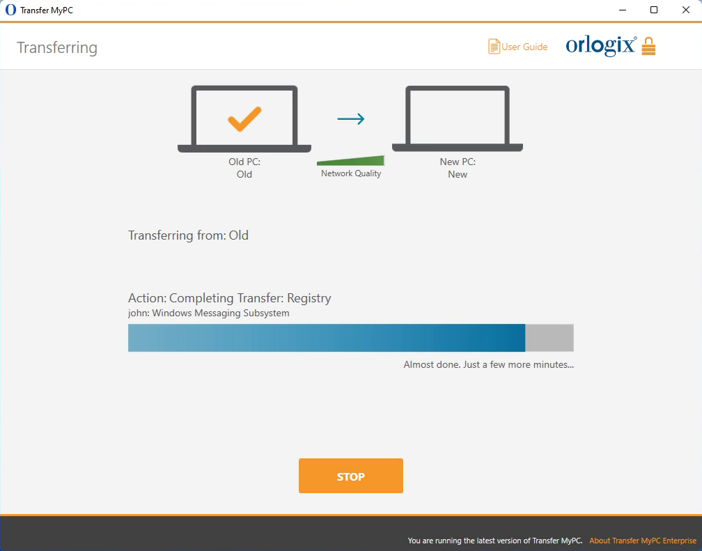 screen-capture of 'Transferring' screen in Transfer MyPC Enterprise application