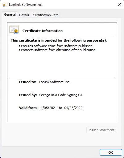 screen-capture of Windows 'UNC cert info' screen when starting Transfer MyPC Enterprise application