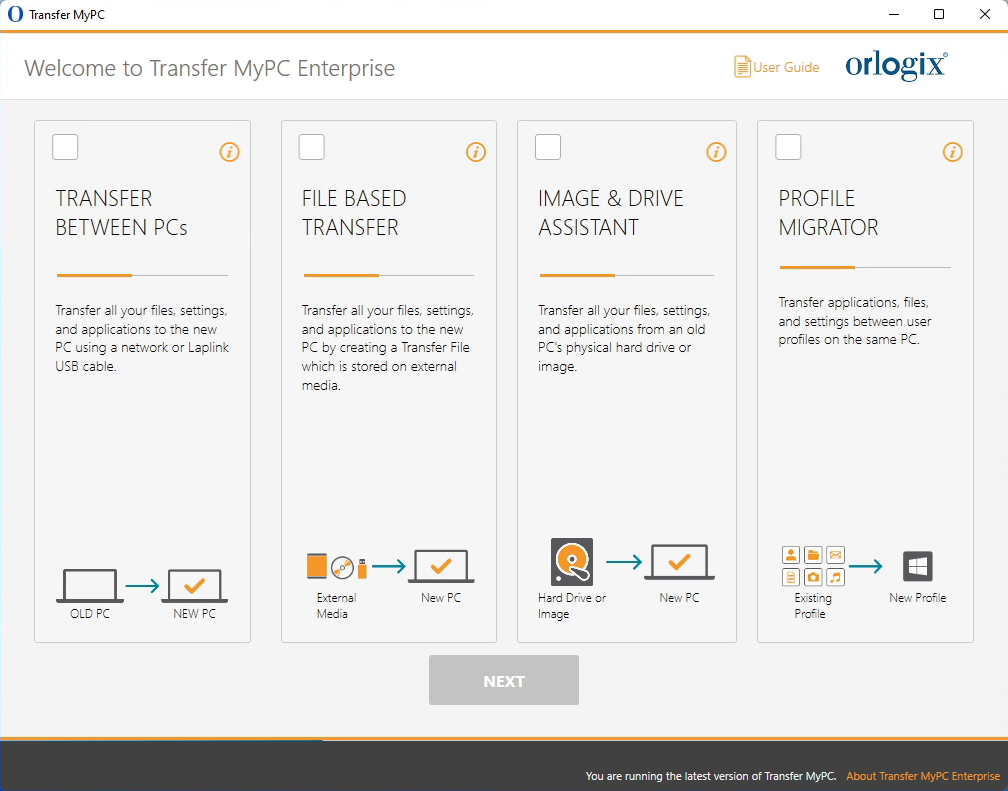 screen-capture of 'Welcome to Transfer MyPC Enterprise' screen in Transfer MyPC Enterprise application