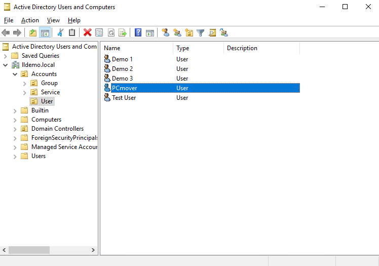 screen-capture of Microsoft's 'Active Directory Users and Computers' management screen