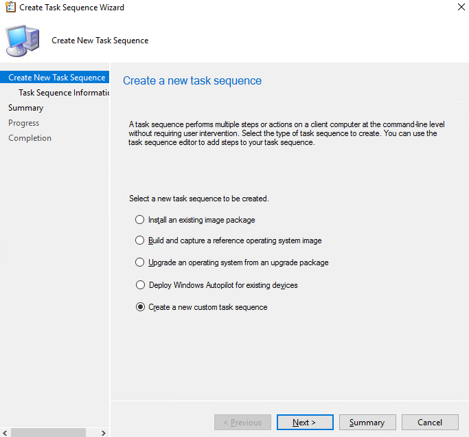 screen-capture of Microsoft's SCCM 'Create task sequence' wizard