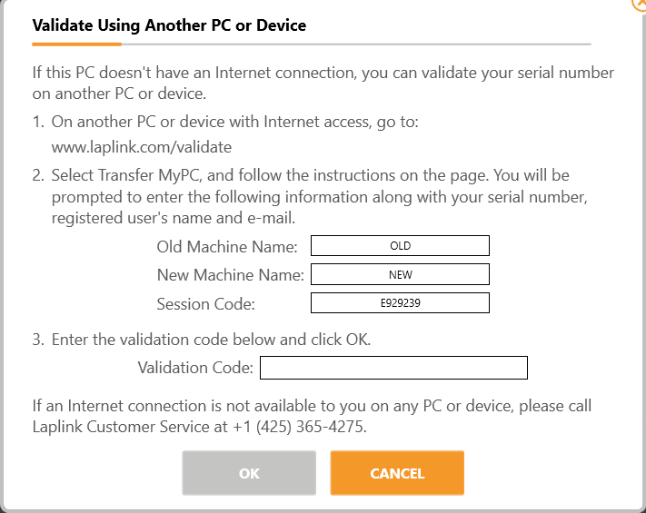 capture d'écran du formulaire 'Valider à l'aide d'un autre appareil' dans l'application Transfer MyPC Pro v11